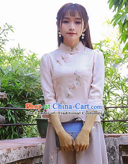 Traditional Chinese National Costume Hanfu Embroidered Pink Blouse, China Tang Suit Cheongsam Upper Outer Garment Shirt for Women