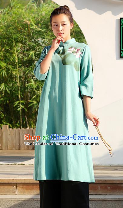 Traditional Chinese National Costume Hanfu Painting Lotus Green Qipao Dress, China Tang Suit Cheongsam for Women