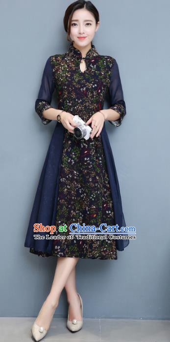 Traditional Chinese National Costume Hanfu Blue Stand Collar Qipao Dress, China Tang Suit Cheongsam for Women