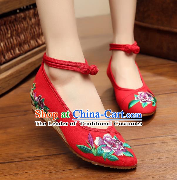 Traditional Chinese National Hanfu Shoes Red Embroidered Shoes, China Princess Shoes Embroidery Flowers Shoes for Women