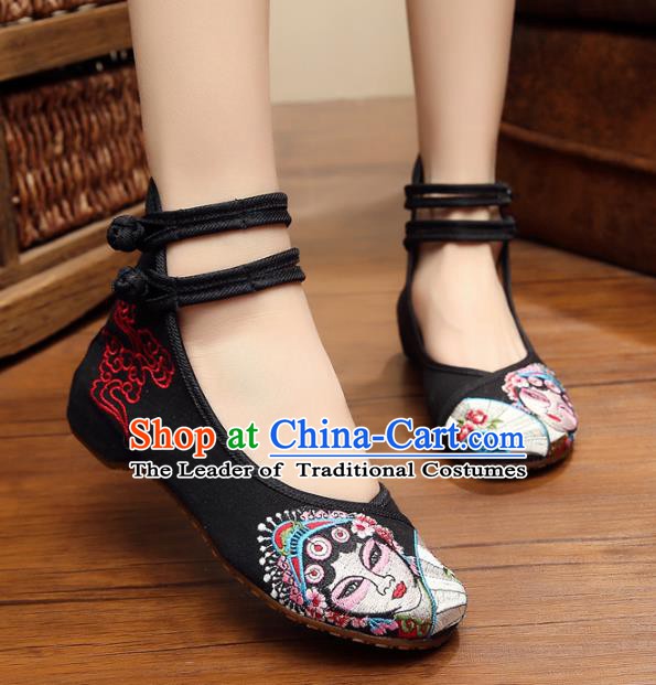 Traditional Chinese National Hanfu Shoes Black Canvas Embroidered Shoes, China Princess Embroidery Shoes for Women