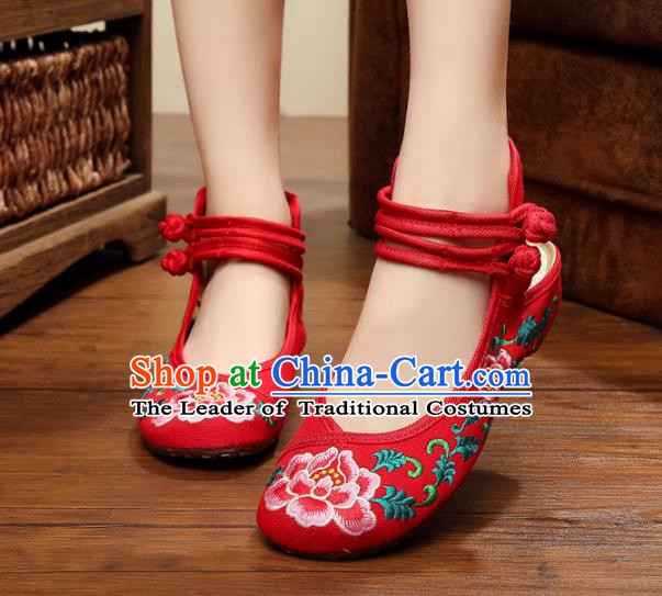 Traditional Chinese National Hanfu Shoes Embroidered Peony Shoes, China Princess Red Embroidery Shoes for Women