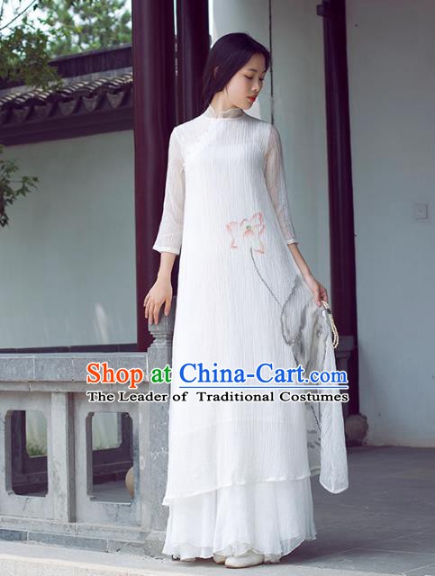 Traditional Chinese National Costume Hanfu Ink Painting Lotus White Qipao Dress, China Tang Suit Cheongsam for Women