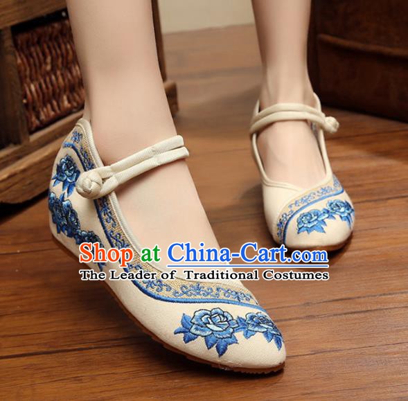 Traditional Chinese National White Hanfu Linen Embroidered Shoes, China Princess Shoes Embroidery Flowers Shoes for Women