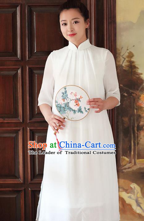 Traditional Chinese National Costume Hanfu White Stand Collar Qipao Dress, China Tang Suit Cheongsam for Women