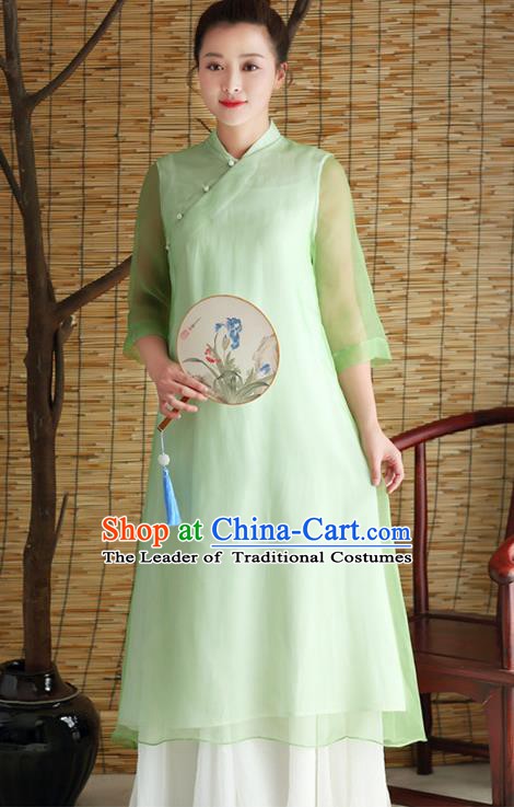 Traditional Chinese National Costume Hanfu Slant Opening Green Qipao Dress, China Tang Suit Cheongsam for Women