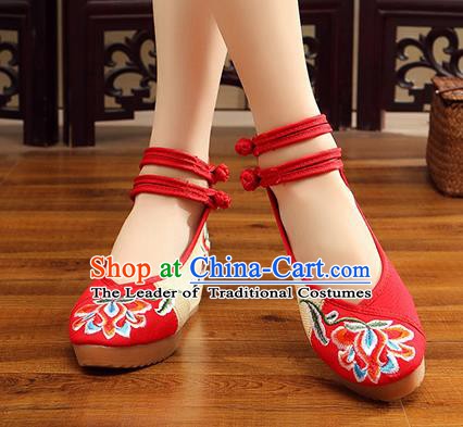 Traditional Chinese National Hanfu Wedding Red Embroidered Shoes, China Princess Embroidery Peony Shoes for Women