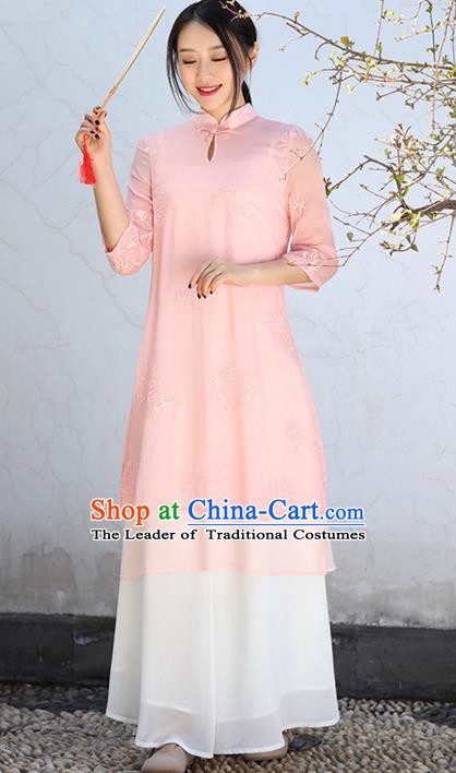 Traditional Chinese National Costume Hanfu Pink Qipao Dress, China Tang Suit Embroidered Cheongsam for Women
