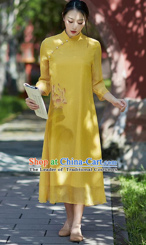 Traditional Chinese National Costume Hanfu Painting Lotus Yellow Qipao Dress, China Tang Suit Cheongsam for Women