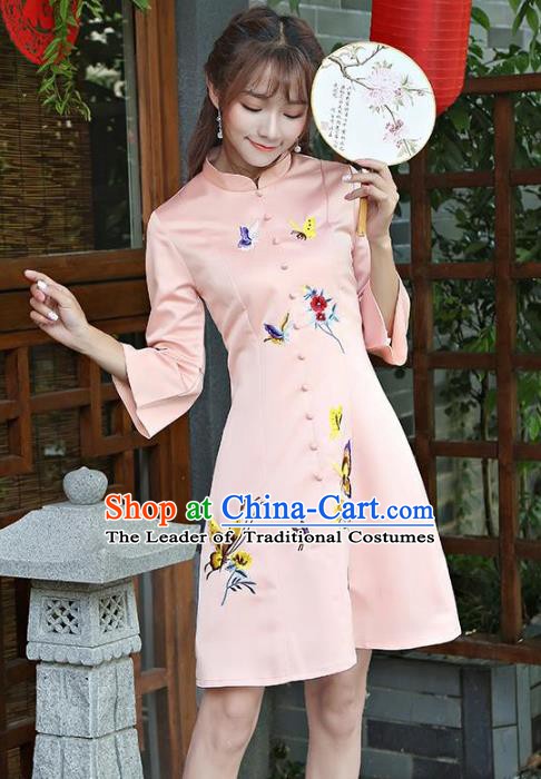 Traditional Chinese National Costume Hanfu Embroidered Butterfly Pink Qipao Dress, China Tang Suit Cheongsam for Women