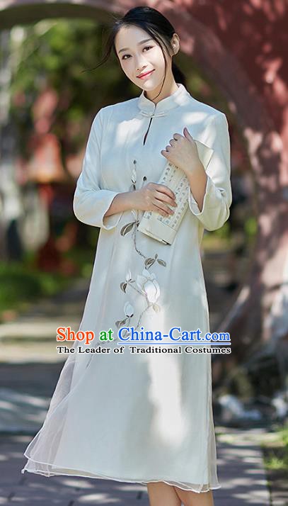 Traditional Chinese National Costume Hanfu Painting Magnolia White Qipao Dress, China Tang Suit Cheongsam for Women
