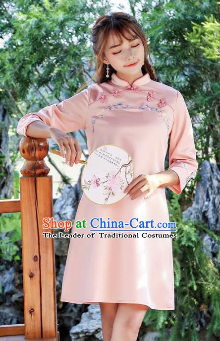 Traditional Chinese National Costume Hanfu Embroidered Pink Qipao Dress, China Tang Suit Cheongsam for Women