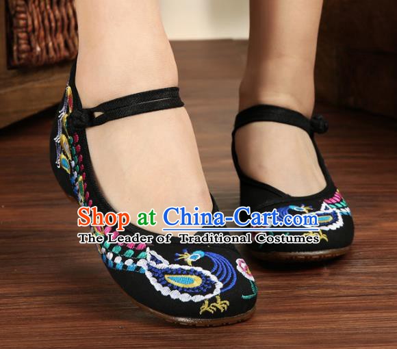 Traditional Chinese National Hanfu Embroidery Phoenix Black Shoes, China Princess Embroidered Shoes for Women