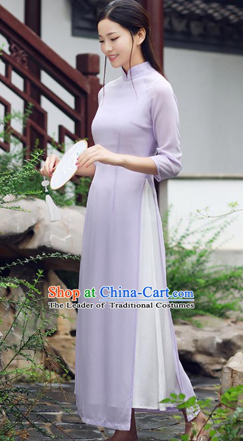 Traditional Chinese National Costume Hanfu Purple Qipao Dress, China Tang Suit Cheongsam for Women