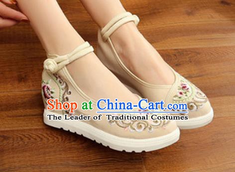 Traditional Chinese National Hanfu White Canvas Embroidery Shoes, China Princess Embroidered Shoes for Women
