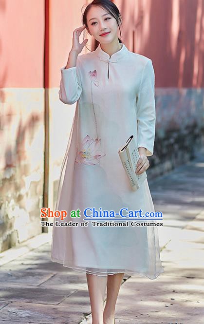Traditional Chinese National Costume Hanfu Printing Lotus White Qipao, China Tang Suit Cheongsam Dress for Women