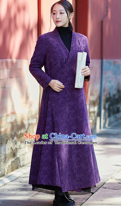 Traditional Chinese National Costume Hanfu Slant Opening Purple Coats, China Tang Suit Dust Coat for Women