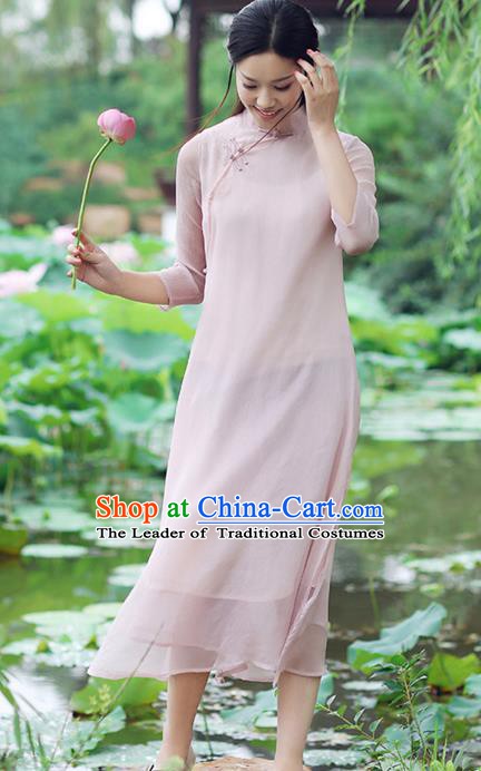 Traditional Chinese National Costume Hanfu Pink Stand Collar Qipao Dress, China Tang Suit Cheongsam for Women