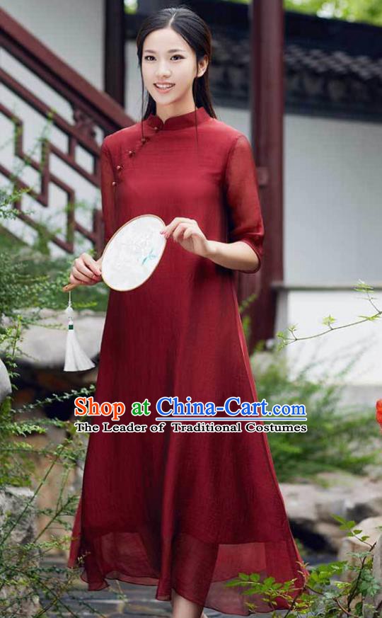 Traditional Chinese National Costume Hanfu Slant Opening Red Qipao Dress, China Tang Suit Cheongsam for Women