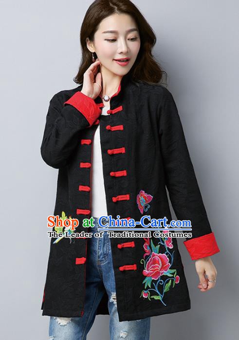 Traditional Chinese National Costume Hanfu Plated Buttons Black Embroidered Coats, China Tang Suit Coat for Women