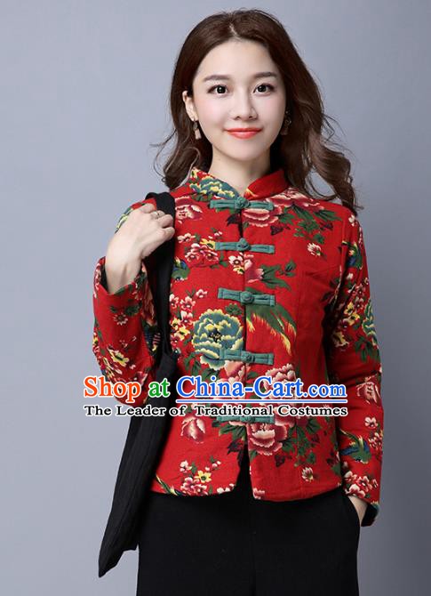 Traditional Chinese National Costume Hanfu Red Cotton-padded Jacket, China Tang Suit Coat for Women