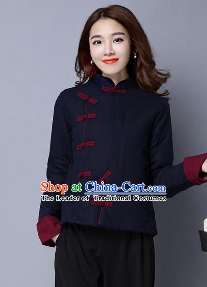 Traditional Chinese National Costume Hanfu Navy Cotton-padded Jacket, China Tang Suit Coat for Women