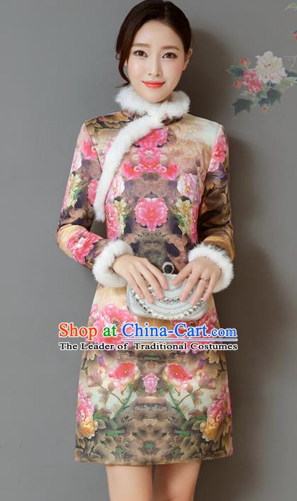 Traditional Chinese National Costume Hanfu Printing Peony Qipao Dress, China Tang Suit Cheongsam for Women