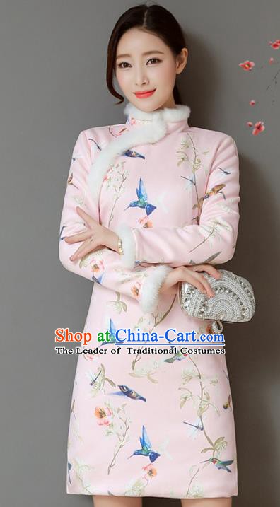 Traditional Chinese National Costume Hanfu Printing Birds Pink Qipao Dress, China Tang Suit Cheongsam for Women