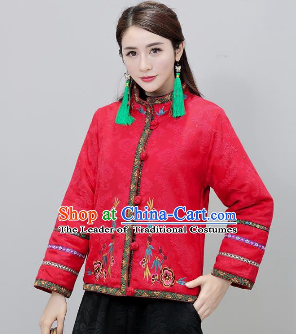 Traditional Chinese National Costume Hanfu Embroidered Red Jacket, China Tang Suit Coat for Women