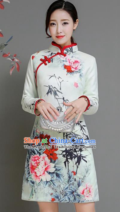 Traditional Chinese National Costume Hanfu Printing Peony White Qipao, China Tang Suit Cheongsam Dress for Women