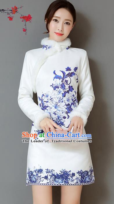 Traditional Chinese National Costume Hanfu Printing Lily Flower Qipao Dress, China Tang Suit Cheongsam for Women