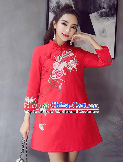 Traditional Chinese National Costume Hanfu Red Embroidered Qipao Dress, China Tang Suit Cheongsam for Women