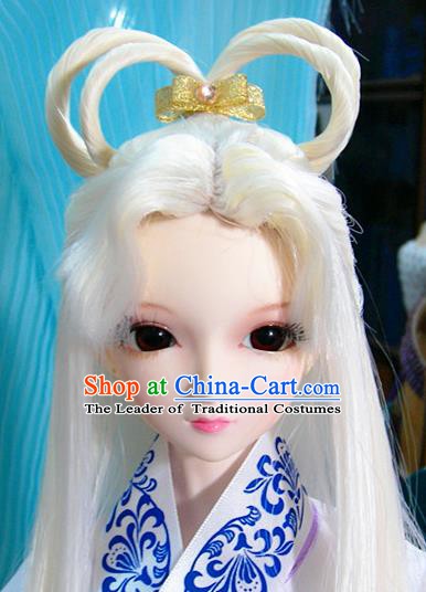 Traditional Handmade Chinese Ancient Ming Dynasty Young Lady White Wig Sheath Fairy Princess Wig for Women