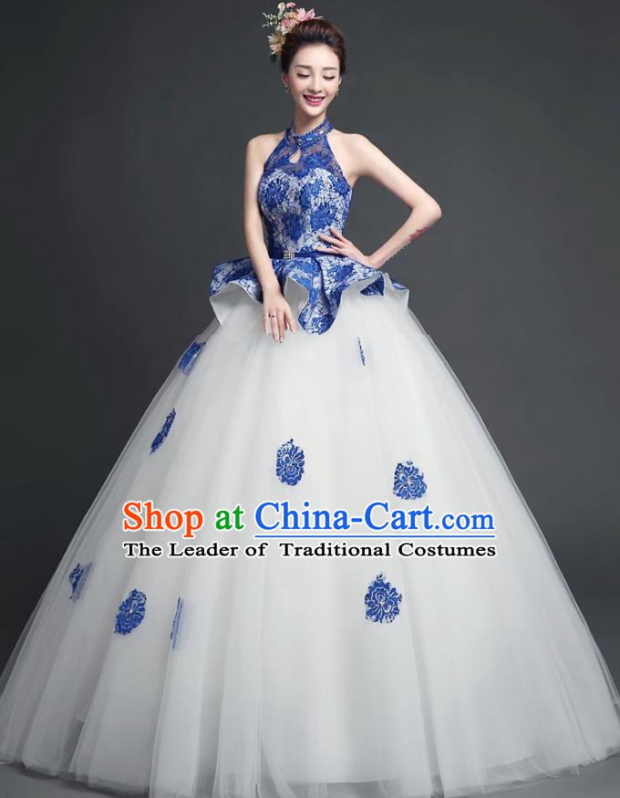 Chinese Style Wedding Catwalks Costume Wedding Bride Full Dress Bubble Veil Dress for Women
