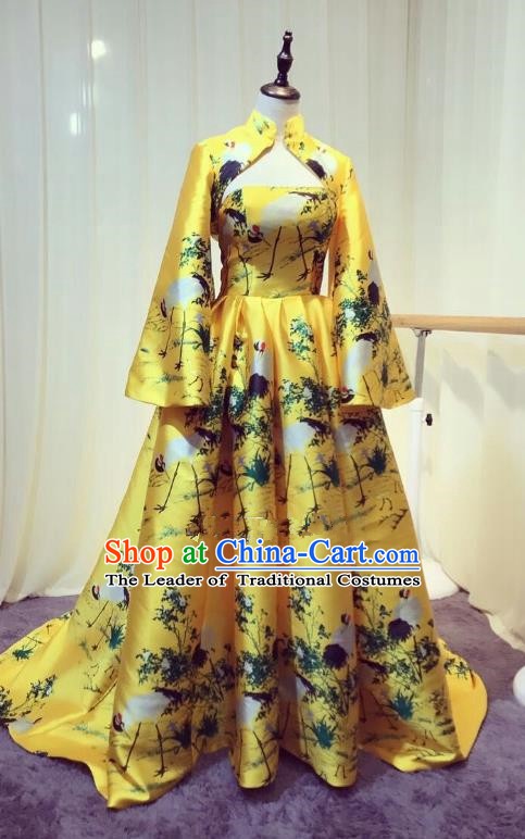 Chinese Style Wedding Catwalks Costume Wedding Bride Yellow Trailing Full Dress Compere Cheongsam for Women