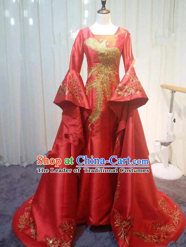 Chinese Style Wedding Catwalks Costume Wedding Red Fishtail Full Dress Compere Embroidered Phoenix Trailing Cheongsam for Women