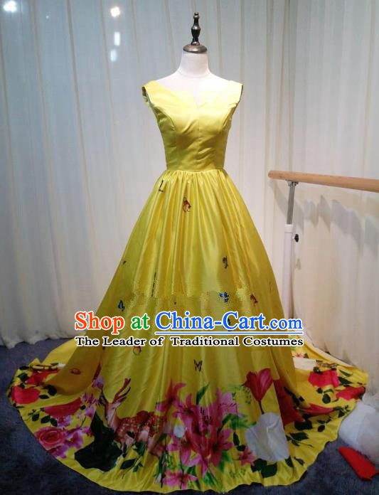 Chinese Style Wedding Catwalks Costume Wedding Trailing Yellow Full Dress Compere Cheongsam for Women
