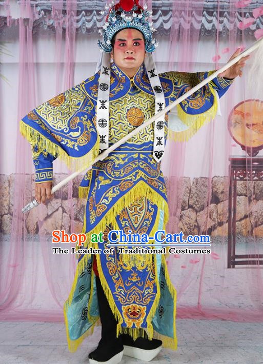 Chinese Beijing Opera Takefu Costume Blue Embroidered Robe, China Peking Opera Imperial Bodyguard Embroidery Gwanbok Clothing