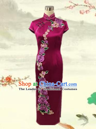 Traditional Chinese National Costume Mandarin Qipao, Tang Suit Chirpaur Embroidered Rosy Silk Cheongsam Clothing for Women