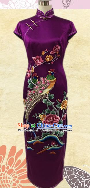 Traditional Chinese National Costume Purple Mandarin Qipao, Tang Suit Embroidered Chirpaur Silk Cheongsam Clothing for Women