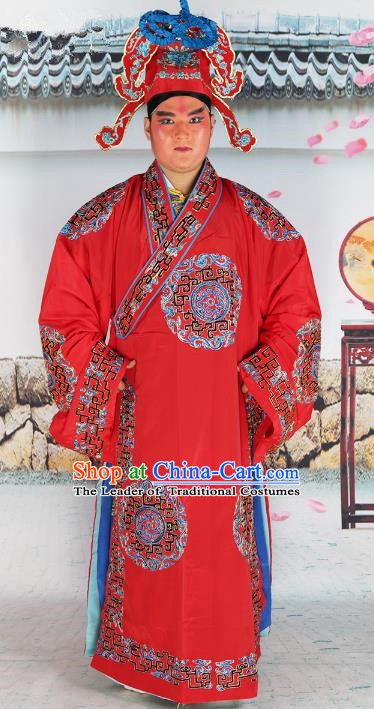 Chinese Beijing Opera Niche Costume Red Embroidered Robe, China Peking Opera Scholar Embroidery Clothing