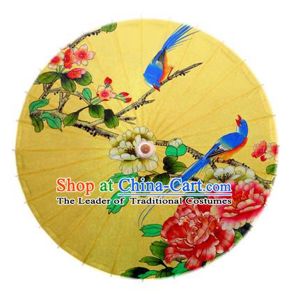 Asian China Dance Handmade Umbrella Stage Performance Umbrella Printing Peony Birds Yellow Oil-paper Umbrellas