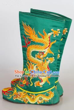 Chinese Beijing Opera Emperor Green Embroidered Boots, China Peking Opera Takefu General Embroidery Dragons Shoes