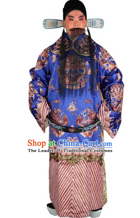 Chinese Beijing Opera Prime Minister Costume Blue Embroidered Robe, China Peking Opera Officer Embroidery Clothing