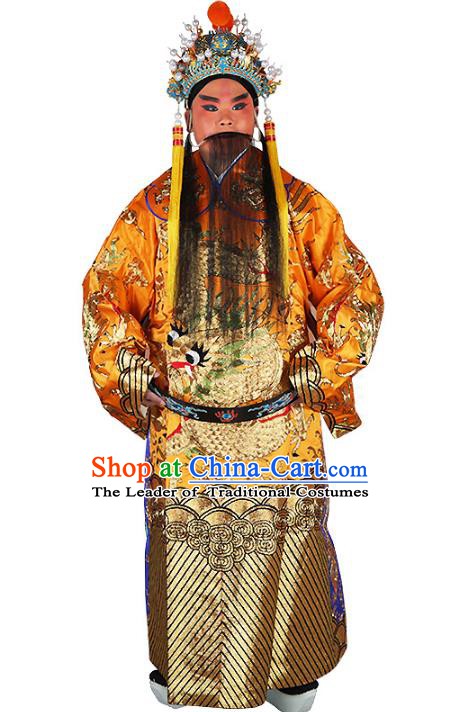 Chinese Beijing Opera Prime Minister Costume Yellow Embroidered Robe, China Peking Opera Officer Embroidery Clothing