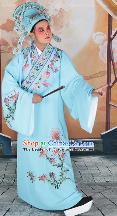 Chinese Beijing Opera Niche Costume Blue Embroidered Robe, China Peking Opera Scholar Embroidery Chrysanthemum Clothing