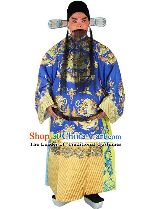 Chinese Beijing Opera Prime Minister Costume Blue Embroidered Robe, China Peking Opera Chancellor Embroidery Clothing