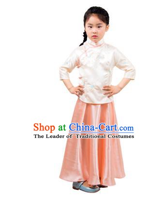 Traditional Chinese Ancient Republic of China Nobility Lady Costume Embroidered Champagne Blouse and Skirt for Kids