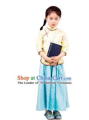 Traditional Chinese Ancient Republic of China Nobility Lady Costume Embroidered Blouse and Blue Skirt for Kids