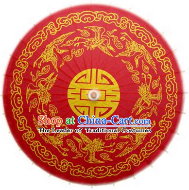 China Traditional Dance Handmade Umbrella Printing Crane Red Oil-paper Umbrella Stage Performance Props Umbrellas